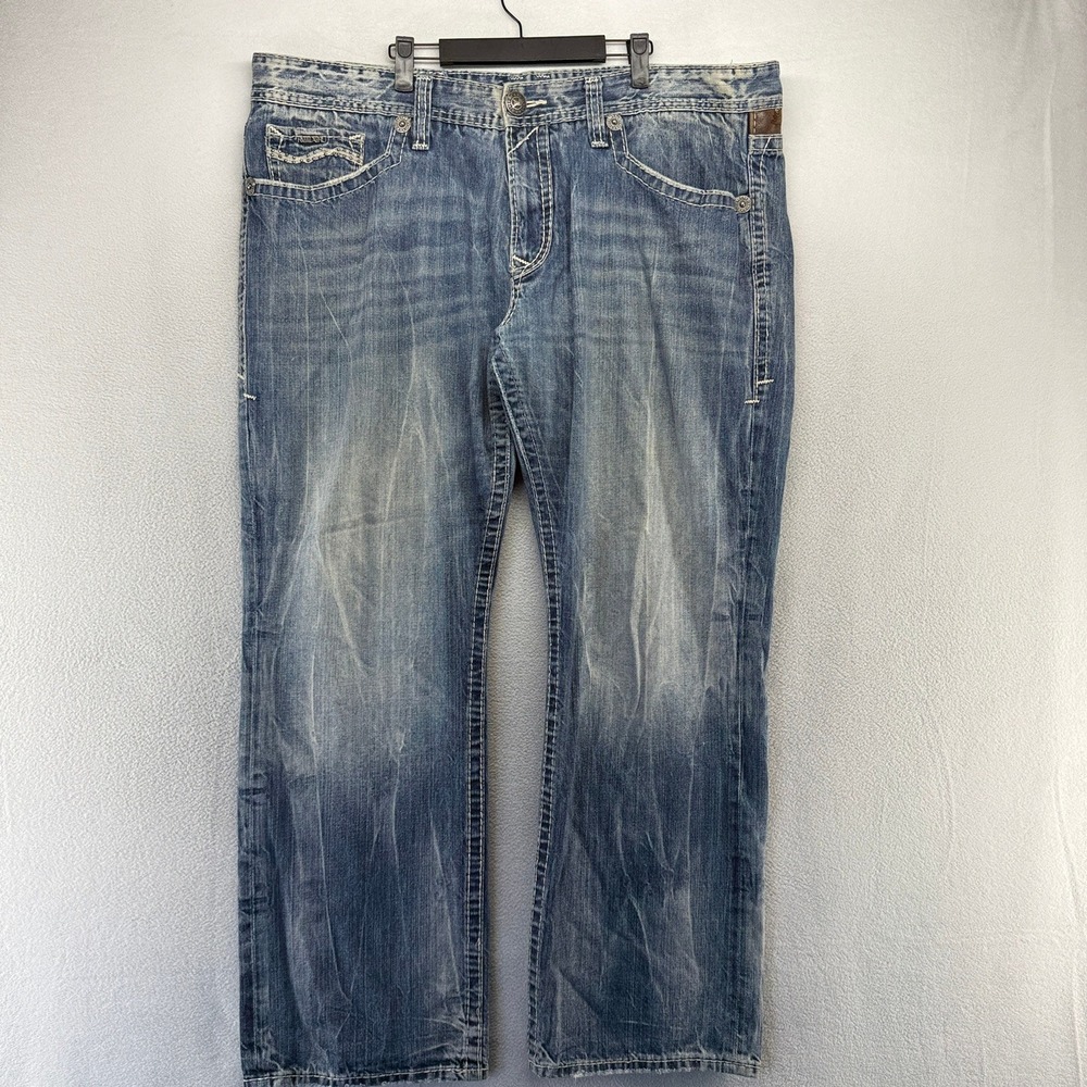 Rivet De Cru Jeans Men's 44x34 Blue Denim Mae Straight Leg  Baggy Faded Whisker